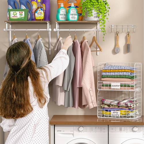 DAOUTIME 2 Set Laundry Room Shelves Wall Mounted with Wire Storage Baskets, Over Washer and Dryer Shelves with Hanging Rods and Hooks, Wire Shelves for Laundry Organization and Storage, White, Wooden - Image 3