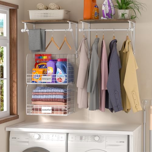 DAOUTIME 2 Set Laundry Room Shelves Wall Mounted with Wire Storage Baskets, Over Washer and Dryer Shelves with Hanging Rods and Hooks, Wire Shelves for Laundry Organization and Storage, White, Wooden - Image 2