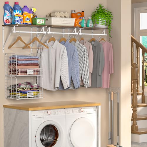 DAOUTIME 2 Set Laundry Room Shelves Wall Mounted with Wire Storage Baskets, Over Washer and Dryer Shelves with Hanging Rods and Hooks, Wire Shelves for Laundry Organization and Storage, White, Wooden - Image 5