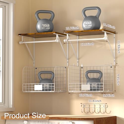 DAOUTIME 2 Set Laundry Room Shelves Wall Mounted with Wire Storage Baskets, Over Washer and Dryer Shelves with Hanging Rods and Hooks, Wire Shelves for Laundry Organization and Storage, White, Wooden - Image 4