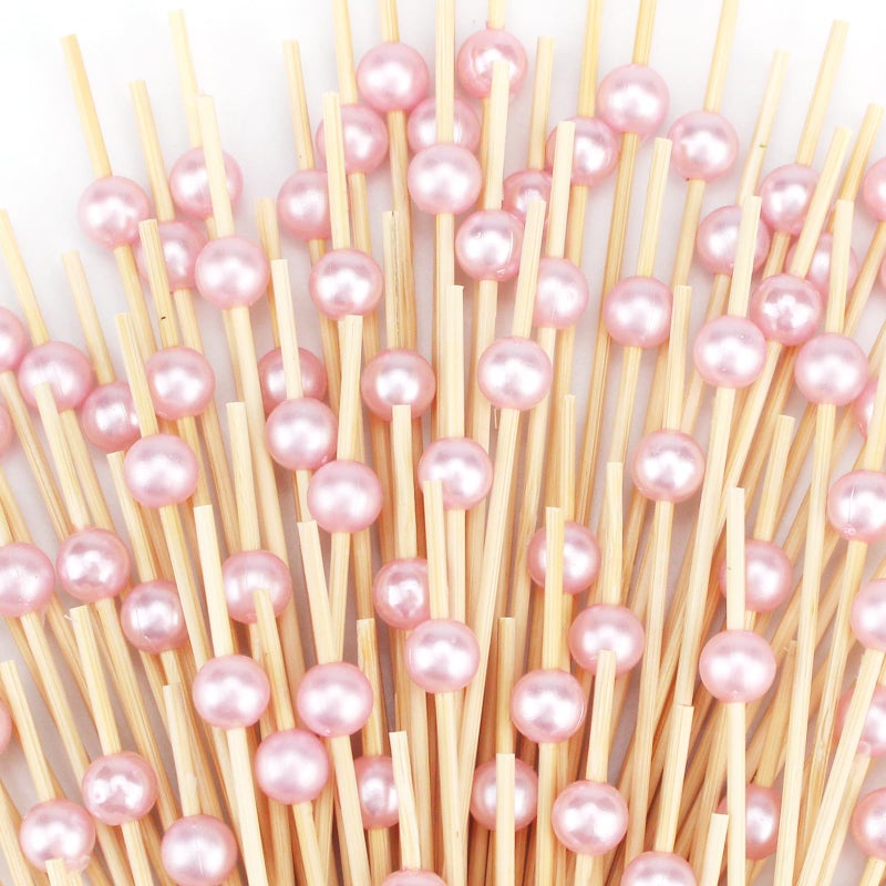 BBQStyle 200 PCS Pink Cocktail Toothpicks for Appetizers, Natural Bamboo Coctail Skewers Sticks, Pearl Decorative Cocktail Tooth Picks for Drinks, Fruit, Charcuterie, Wedding Food Party Fancy 4.7 Inch Long - Image 1
