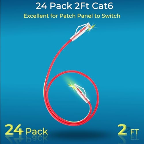 Rapink Patch Cables Cat6 Cat6a 2ft 24 Pack Slim Cat6a Ethernet Patch Cable 10G Support Snagless Cat 6 Patch Cable for Patch Panel to Switch Flexiable Cat6 Ethernet Cable Red - Image 3