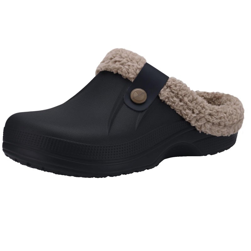 Beslip Classic Fur Lined Clogs Waterproof Winter Fuzzy Slippers for Women Men Indoor and Outdoor Indoor and Outdoor, Black and Khaki Women Size 6-7 - Image 1