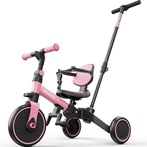 besrey 4 in 1 Toddler Bike Toddler Tricycle for 13 Year Old Trike with Push Handle Backrest and Safety Belt Birthday Gifts and Toys for Boys and Girls Balance Bike - Image 1