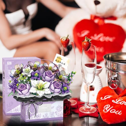 MEIEST Flower Bouquet Building Blocks Model Set,Simulation Artificial Rose Handheld Gift Box,Bonsai Plant Building Bricks Toys,Home Decor (Mist Purple) - Image 5