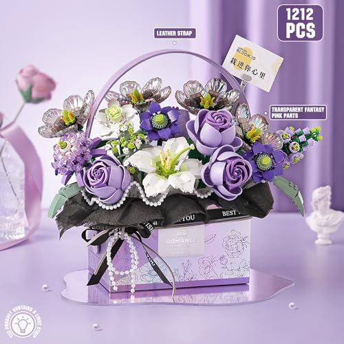 MEIEST Flower Bouquet Building Blocks Model Set,Simulation Artificial Rose Handheld Gift Box,Bonsai Plant Building Bricks Toys,Home Decor (Mist Purple) - Image 3