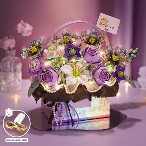 MEIEST Flower Bouquet Building Blocks Model Set,Simulation Artificial Rose Handheld Gift Box,Bonsai Plant Building Bricks Toys,Home Decor (Mist Purple) - Image 4