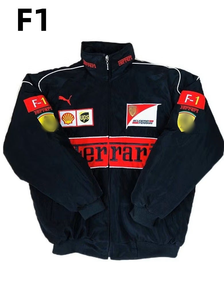 اف 1 جاكيت سباق F1 بأسلوب قديم، قطن، مطرز، أسود، A187 - Image 1