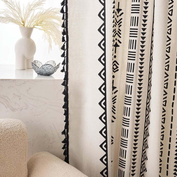 BOHO CURTAINS BOHEMIAN WINDOW CURTAINS WITH BLACK GEOMETRIC PATTERN AND TASSELS FRINGE LIVING ROOM BEDROOM SOFT LIGHTFILTERING COTTON DRAPES ROD POCKET 59W X 84L 1 PANEL