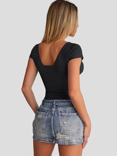 Trendy Queen Womens Summer V-Neck Backless Cute Tops Short Sleeve Sexy Slim Fit T-Shirts Y2K Clothes Corset Cami 2025 Black L - Image 5