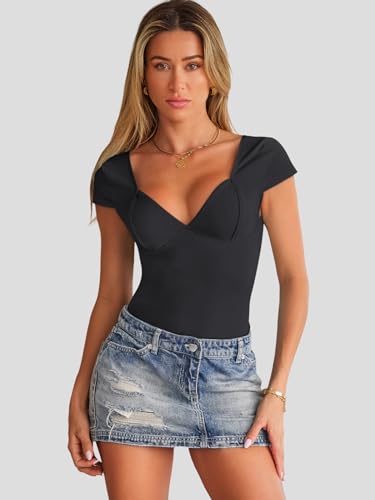 Trendy Queen Womens Summer V-Neck Backless Cute Tops Short Sleeve Sexy Slim Fit T-Shirts Y2K Clothes Corset Cami 2025 Black L - Image 2