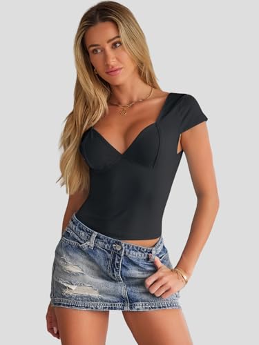 Trendy Queen Womens Summer V-Neck Backless Cute Tops Short Sleeve Sexy Slim Fit T-Shirts Y2K Clothes Corset Cami 2025 Black L - Image 3
