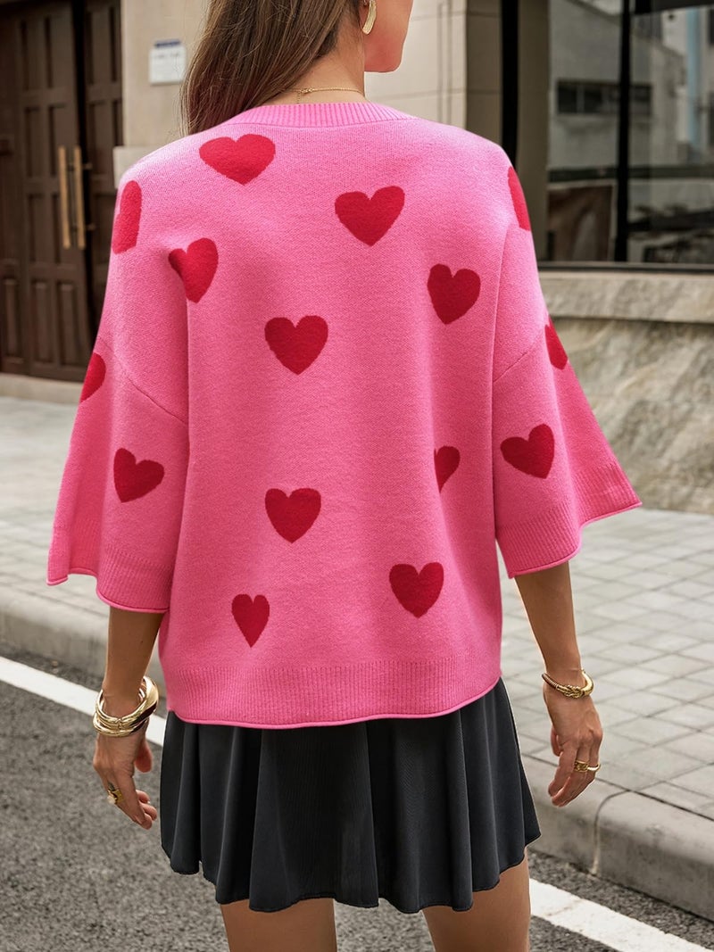 Cicy Bell Womens Half Sleeve Cardigan Sweaters Cropped Button Down Tops Oversized Lightweight Heart Print Cute Sweater - Image 2