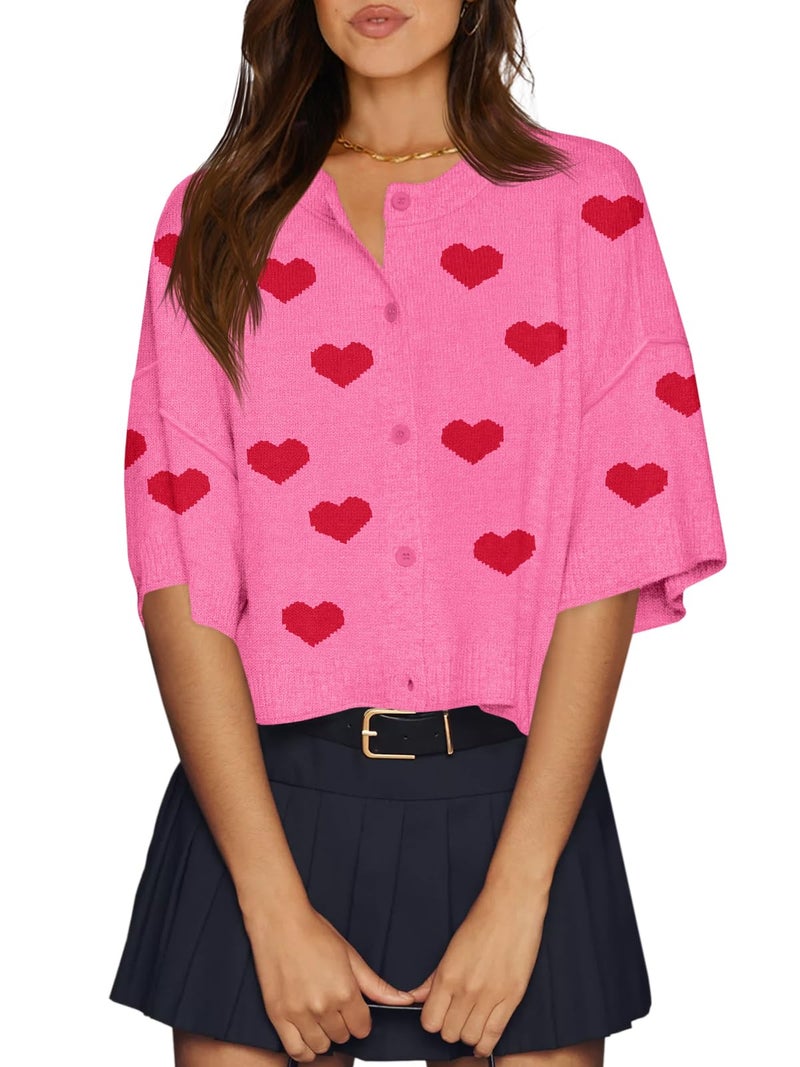 Cicy Bell Womens Half Sleeve Cardigan Sweaters Cropped Button Down Tops Oversized Lightweight Heart Print Cute Sweater - Image 1