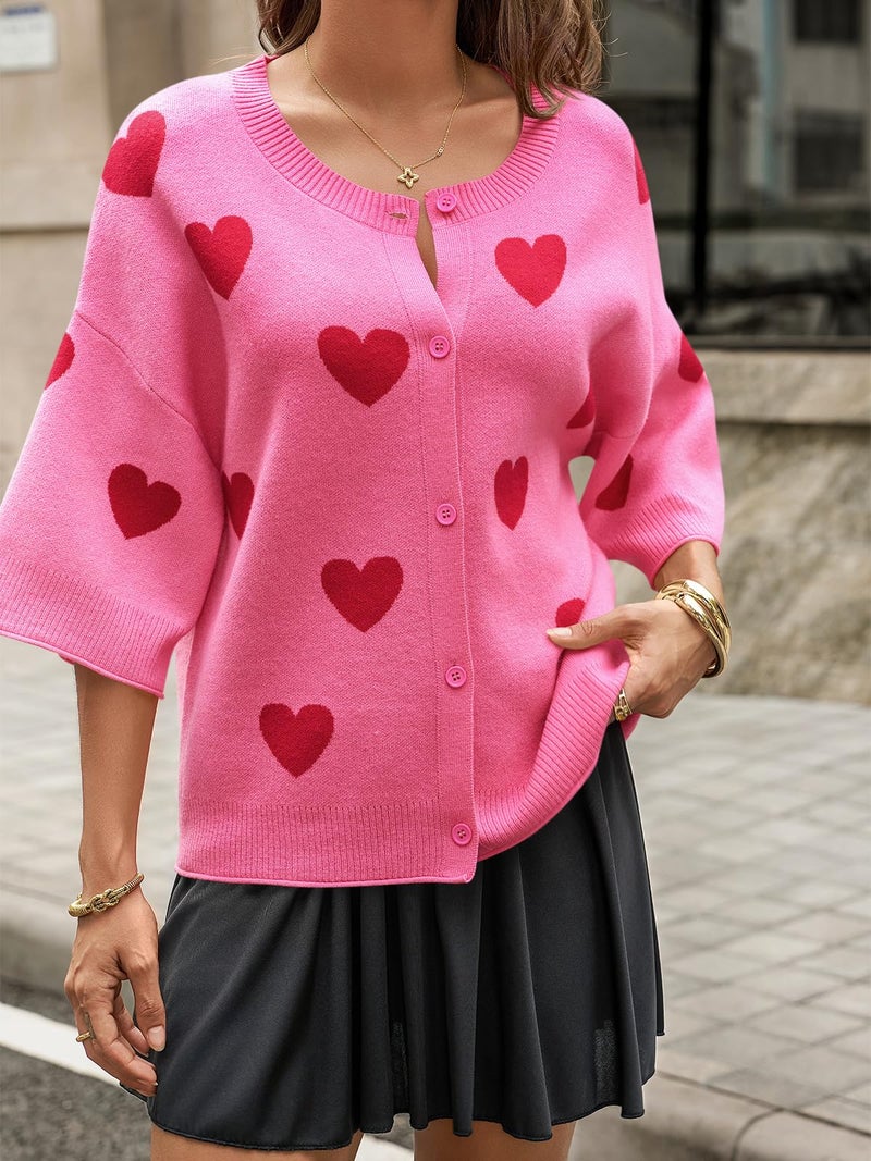 Cicy Bell Womens Half Sleeve Cardigan Sweaters Cropped Button Down Tops Oversized Lightweight Heart Print Cute Sweater - Image 3