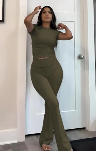 ZFLM Casual Workout Two Piece Outfits for Women Short Sleeve Crop High Waist Foldover Flare Pants Tracksuit Sets Streetwear - Image 5
