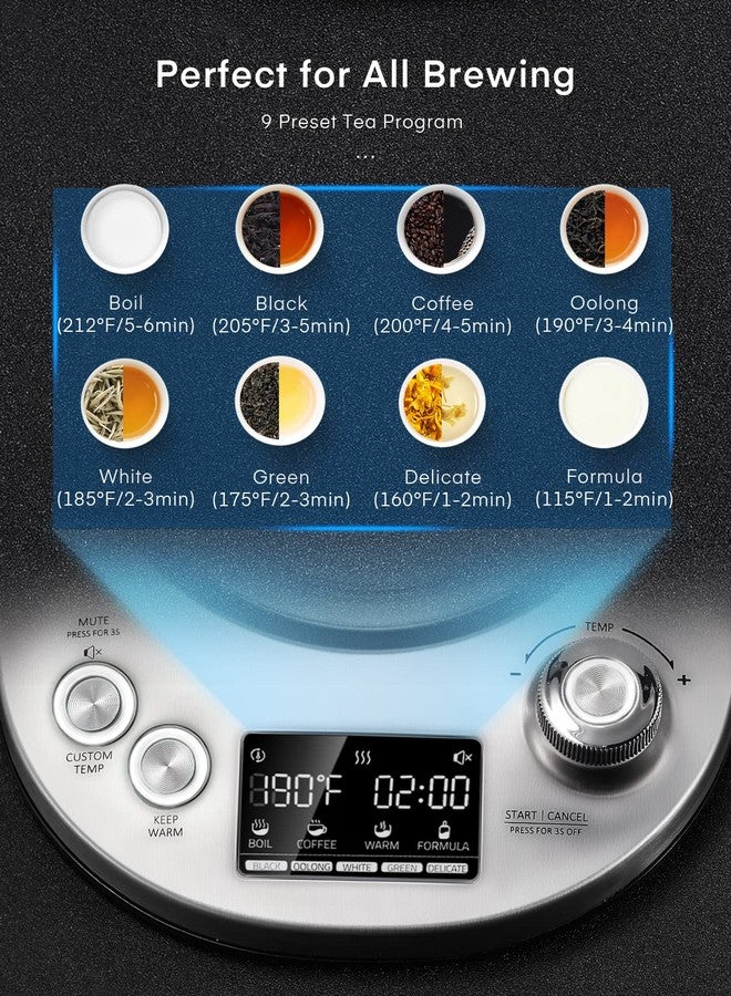 FOHERE Electric Tea Kettle, 9 Temperature Control Presets Glass Kettle, 1200W Tea Pot with Removable Infuser, 2 Hours Keep Warm, 1.7 Liter Electric Kettles, Borosilicate Glass & Stainless Steel - Image 3