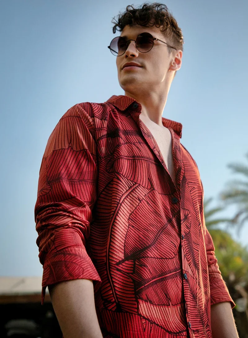 Men's Burnt Sienna Foliage-Outline Shirt