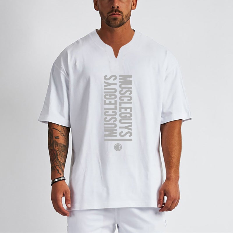 Loose short-sleeved Men''s Fitness plus size off-shoulder T-shirt Korean V-neck casual training clothes cross-border foreign trade - Image 5