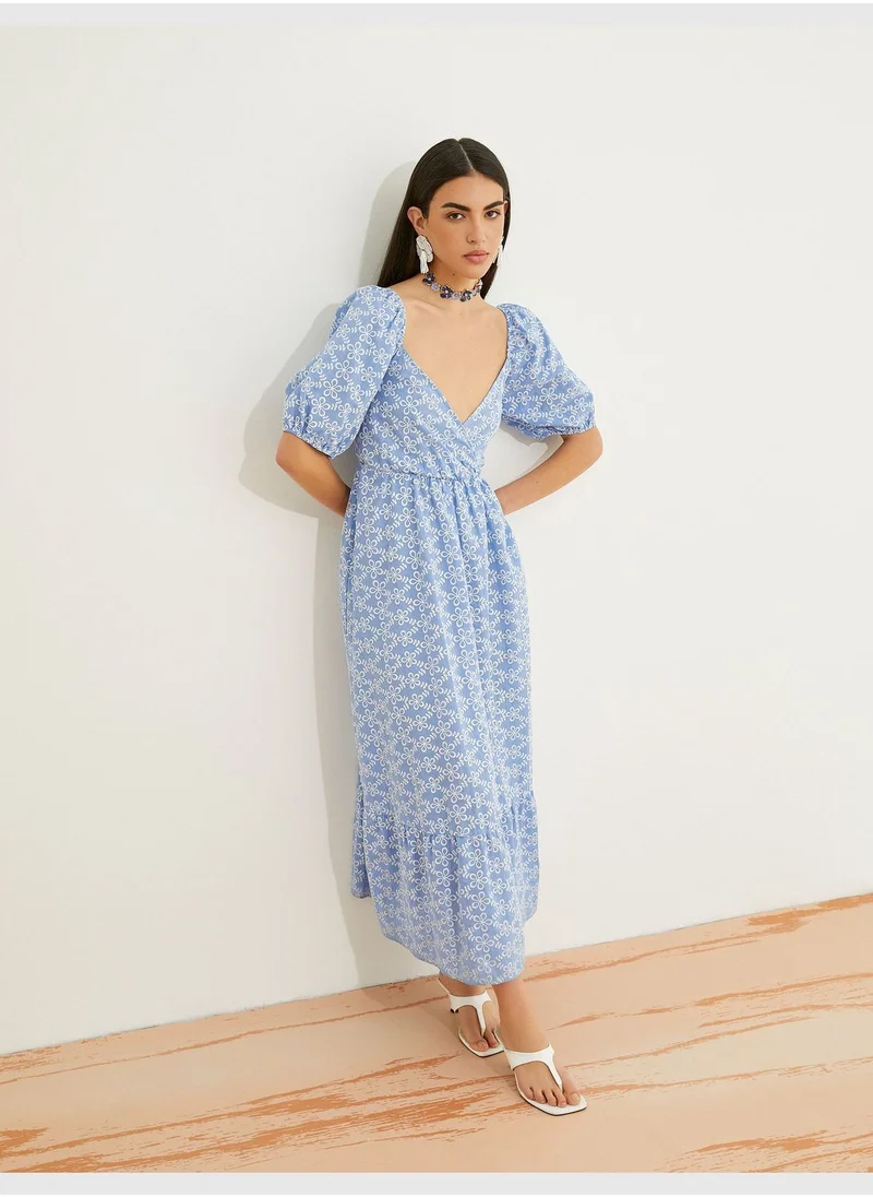 KOTON Floral Midi Dress Cotton Heart Neck