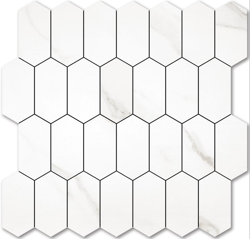 Vamos Tile Long Hexagon Peel and Stick Backsplash Tile - 10 Sheets Stick on Backsplash for Kitchen and Bathroom 12.4 x 12 Inch White Marble Look PVC Self Adhesive Mosaic Wall Tiles - Image 1