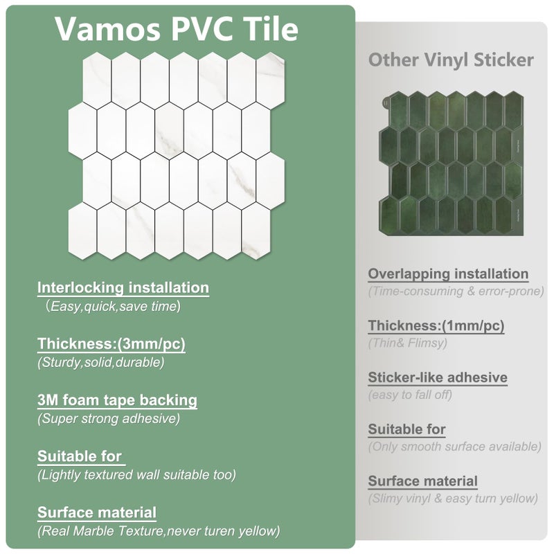 Vamos Tile Long Hexagon Peel and Stick Backsplash Tile - 10 Sheets Stick on Backsplash for Kitchen and Bathroom 12.4 x 12 Inch White Marble Look PVC Self Adhesive Mosaic Wall Tiles - Image 5