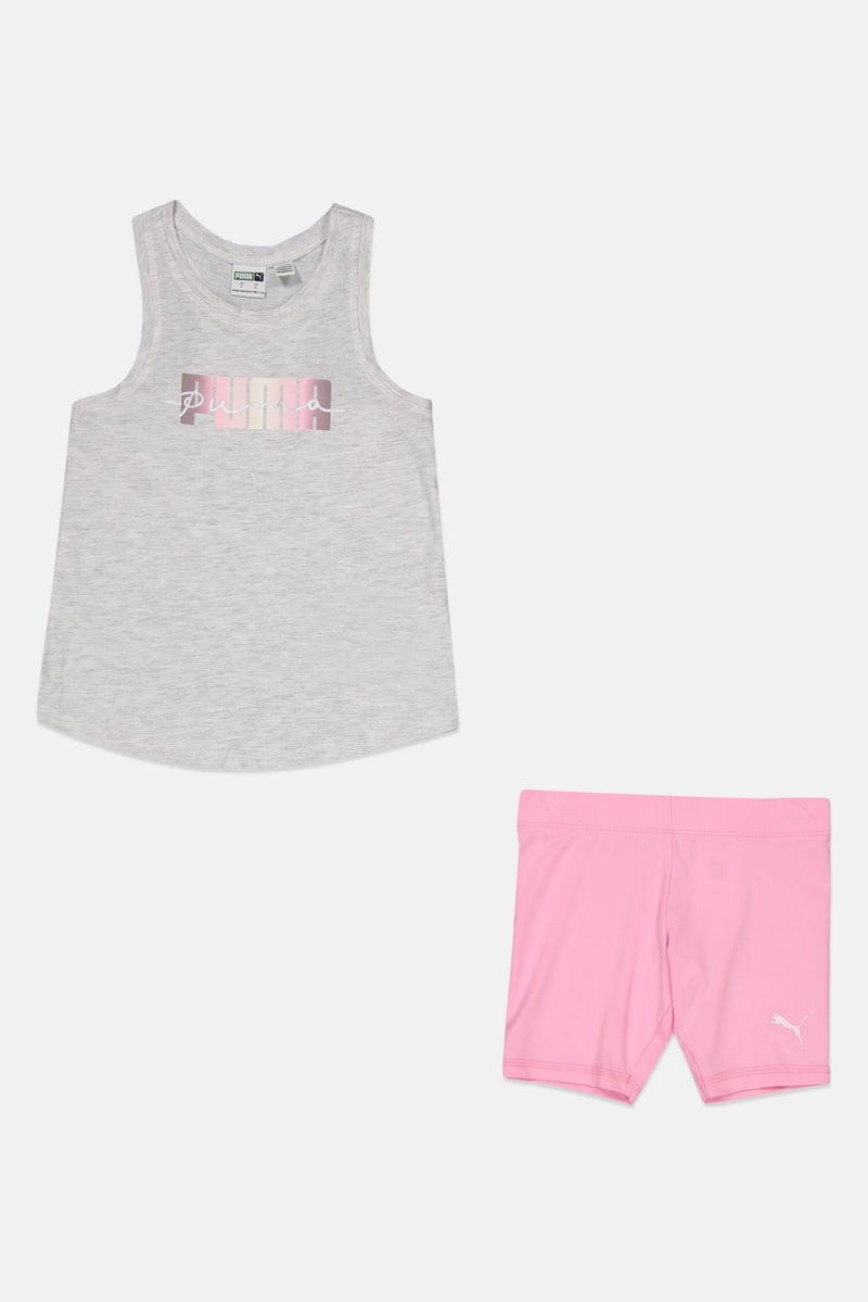 PUMA Kids Girl 2 Pieces Sportswear Fit Brand Logo Top and Short Set, Light Grey  - Image 1