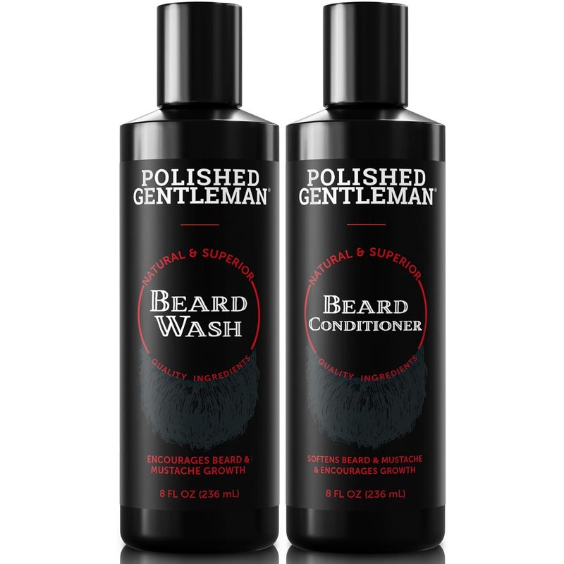 Polished Gentleman Polished Gentleman Beard Wash and Conditioner Set - Softens and Strengthens - Beard Shampoo with Growth Oil - Moisturizer & Beard Thickener - Tea Tree Unscented - Paraben-Free & Sulfate-Free (8oz)