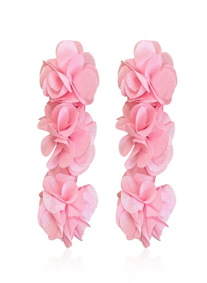 Anmpab Elegant Long Fabric 3-Layer Flower Tassel Earrings Bohemian Handmade Dangle Drop Earrings for Women Vintage Floral Statement Jewelry (Pink) - Image 1