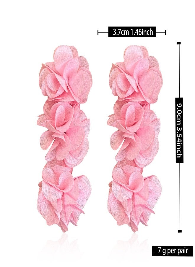Anmpab Elegant Long Fabric 3-Layer Flower Tassel Earrings Bohemian Handmade Dangle Drop Earrings for Women Vintage Floral Statement Jewelry (Pink) - Image 4