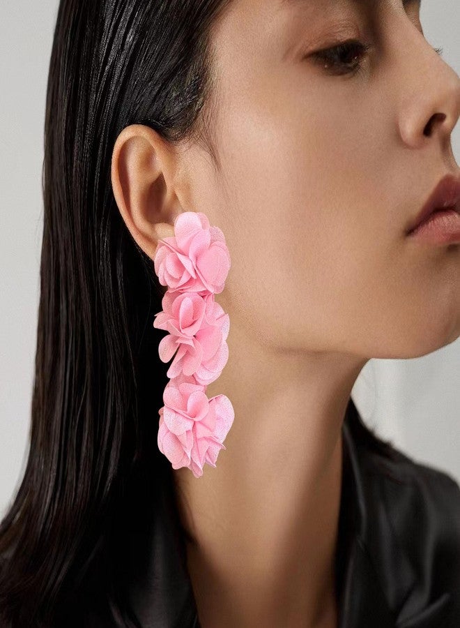 Anmpab Elegant Long Fabric 3-Layer Flower Tassel Earrings Bohemian Handmade Dangle Drop Earrings for Women Vintage Floral Statement Jewelry (Pink) - Image 3