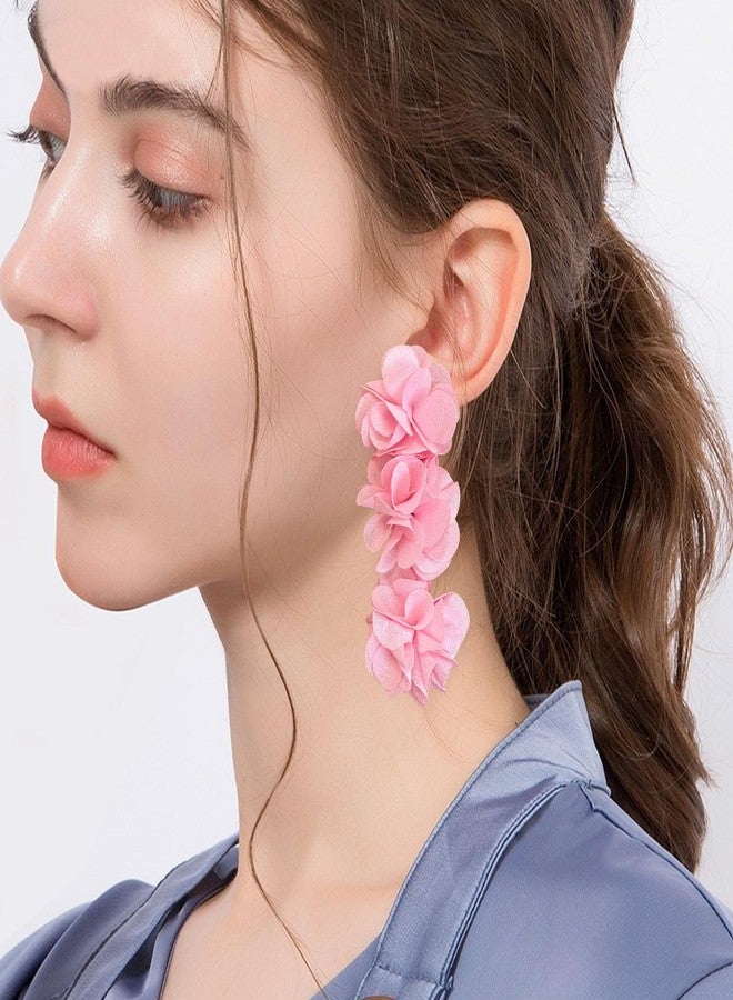 Anmpab Elegant Long Fabric 3-Layer Flower Tassel Earrings Bohemian Handmade Dangle Drop Earrings for Women Vintage Floral Statement Jewelry (Pink) - Image 2