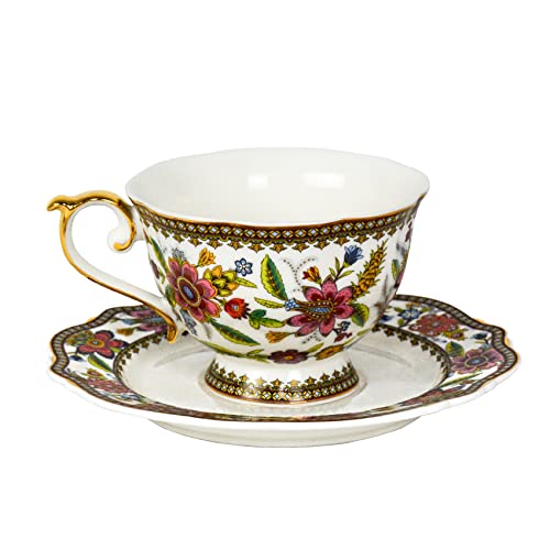 ACMLIFE Bone China Tea Cup and Saucer Set for 1, Vintage Floral Tea Cup with Saucer, Spoon and Gift Box, 6.8 oz (Pink-A) - Image 1