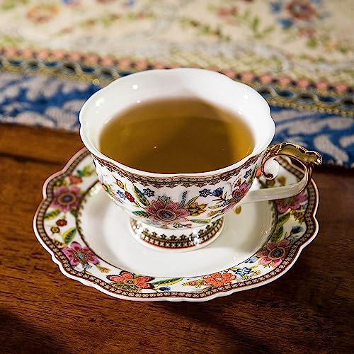 ACMLIFE Bone China Tea Cup and Saucer Set for 1, Vintage Floral Tea Cup with Saucer, Spoon and Gift Box, 6.8 oz (Pink-A) - Image 2