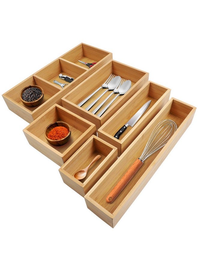 Kootek Bamboo Drawer Organizer with Removable Dividers, 6 Pcs Adjustable Kitchen Drawer Organizer Utensils Bamboo Organizers Silverware Storage Box Cutlery Tray Multi-Use for Bathroom, Makeup, Office - Image 1