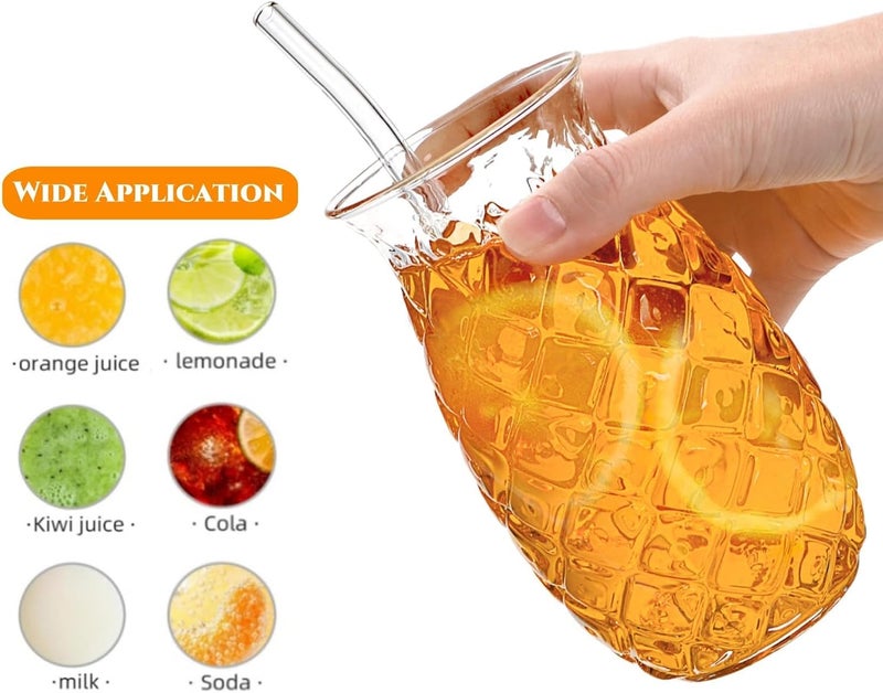 Azonee Pineapple Drinking Glasses Set of 4, 17oz Clear Barware, Retro Cocktail Cups with Straws, Glassware for Juice, Wine, Water, Party Drinkware - Image 2