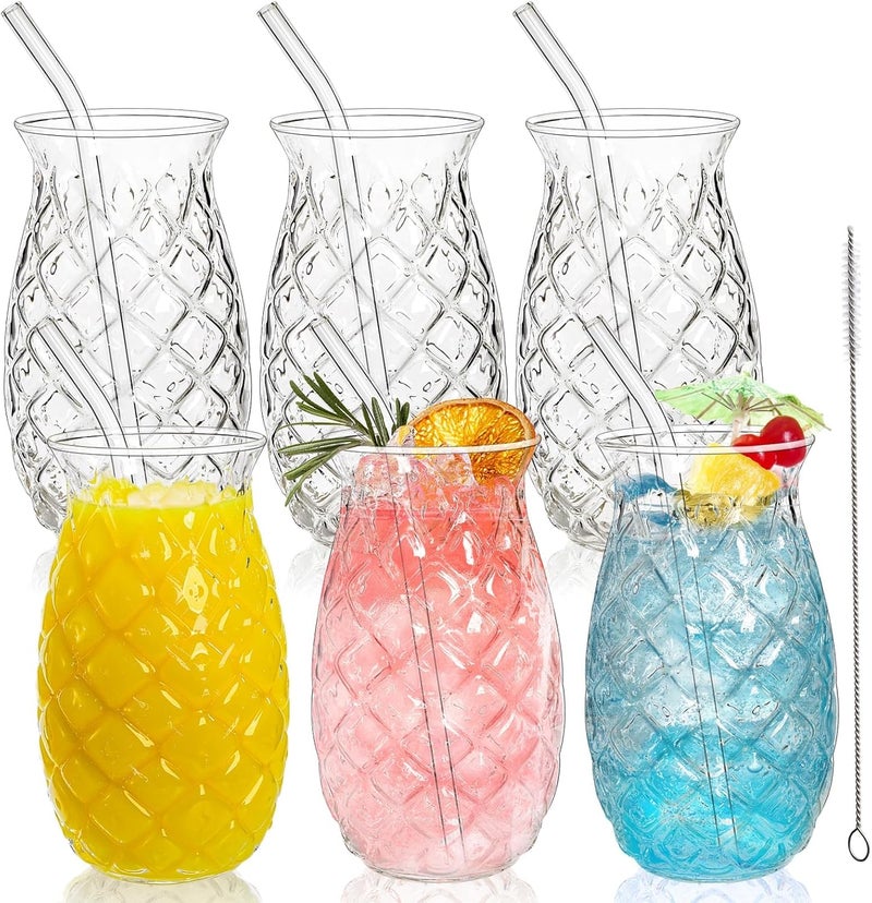 Azonee Pineapple Drinking Glasses Set of 4, 17oz Clear Barware, Retro Cocktail Cups with Straws, Glassware for Juice, Wine, Water, Party Drinkware - Image 1