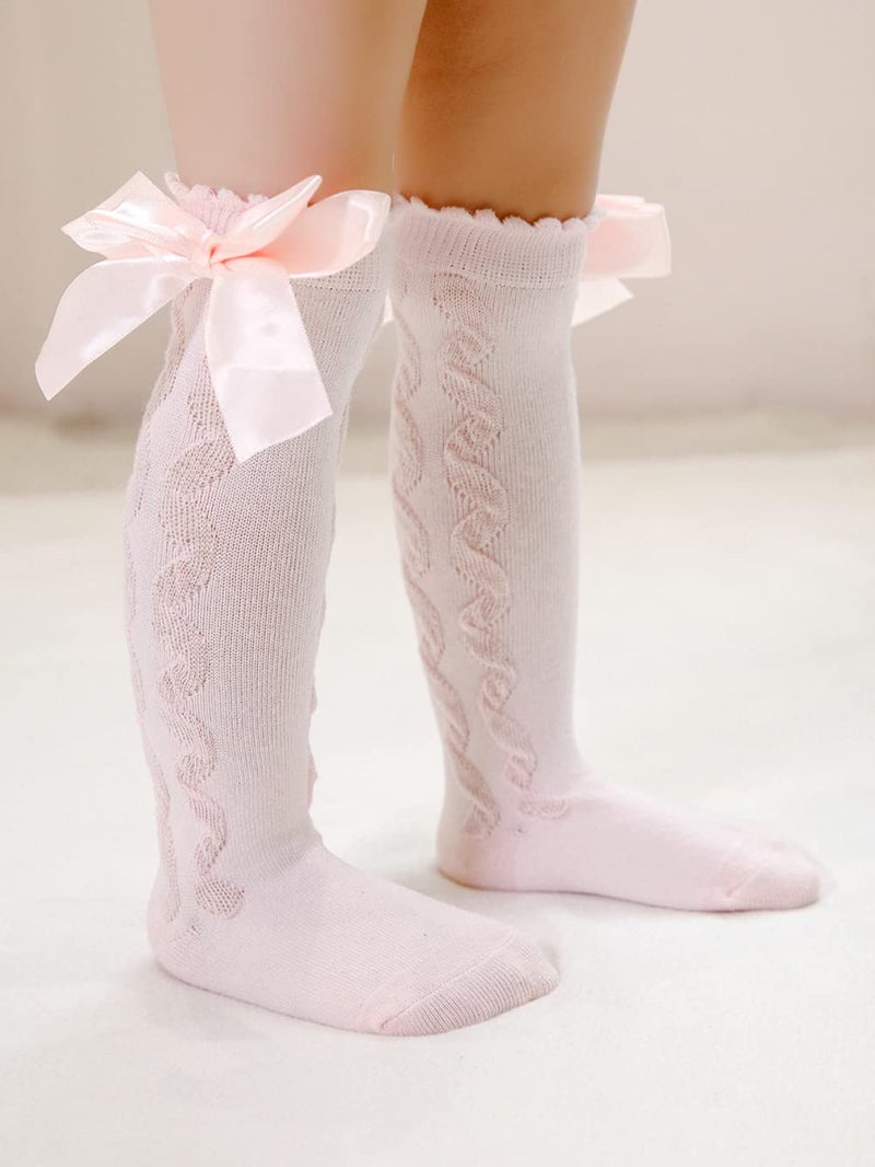 QandSweet Baby Girl Knee-High Socks Toddlers Bow Stockings Newborn Infant Sock (0-12 Months, Cabled Styles) - Image 5