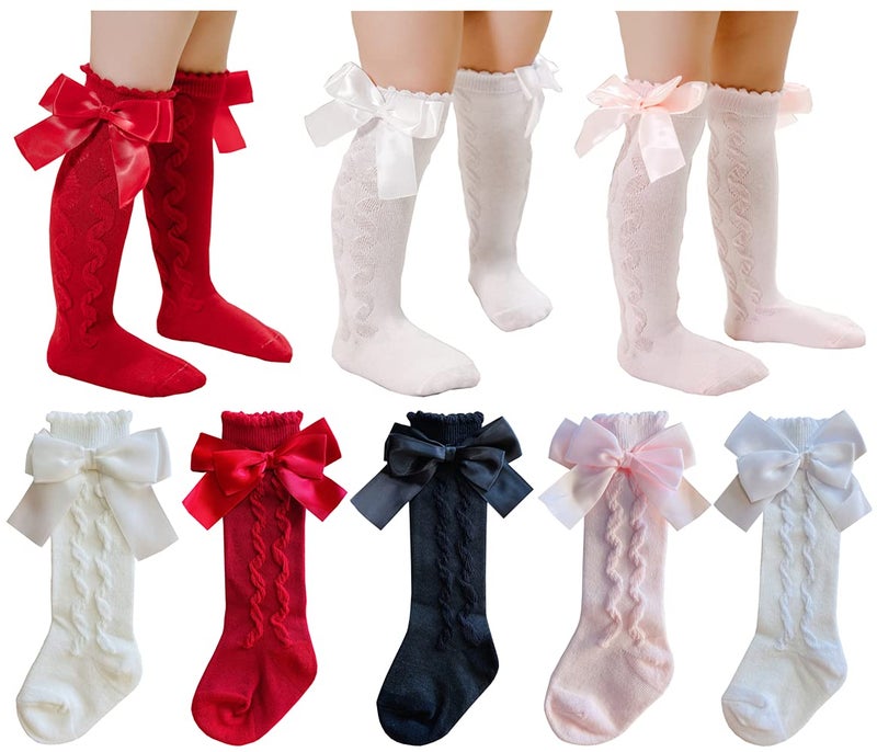 QandSweet Baby Girl Knee-High Socks Toddlers Bow Stockings Newborn Infant Sock (0-12 Months, Cabled Styles) - Image 1
