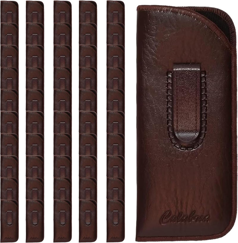 Slim Eye Glasses Case w/Clip Soft PU Leather Brown Men Women Eyeglasses Pouch Slip-In Eyewear Holder Sunglass Bag - 50PACK