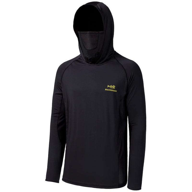 BASSDASH UPF 50 Mens Long Sleeve Fishing Shirt with Mask UV Neck Gaiter Hoodie Black