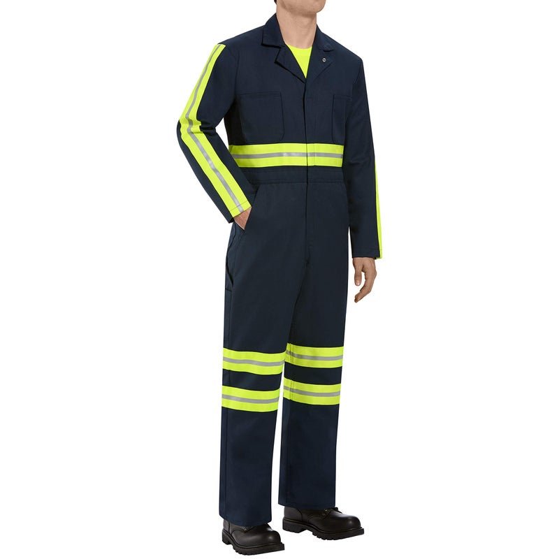 Red Kap Mens Enhanced Visibility Action Back Coverall Navy with YellowGreen Visibility Trim 50