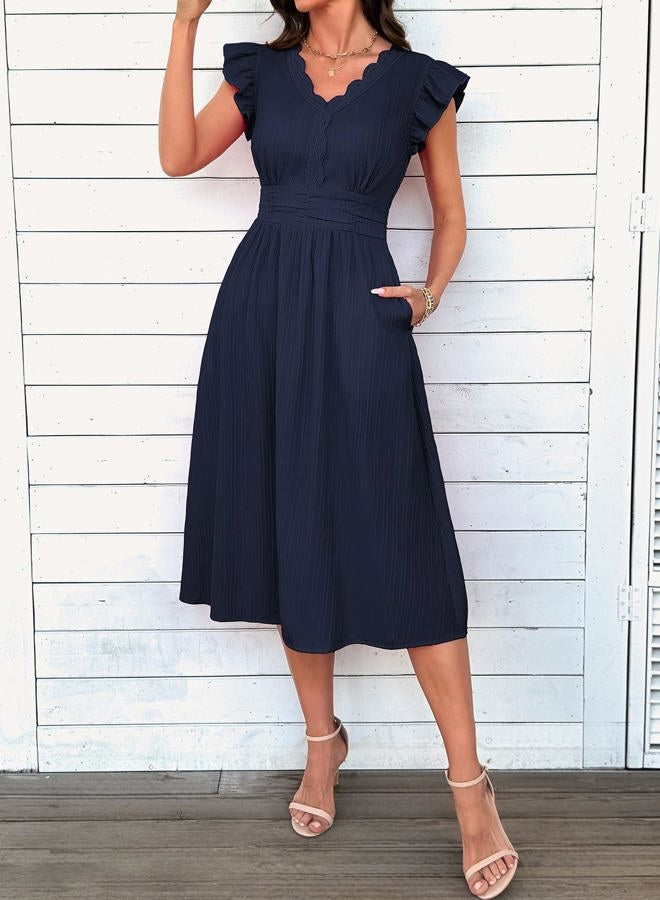 Shein فستان صيفي أنيق بأكمام متموجة للنساء شبه رسمي ملابس بوهو 2026، أزرق داكن، XL - Image 2