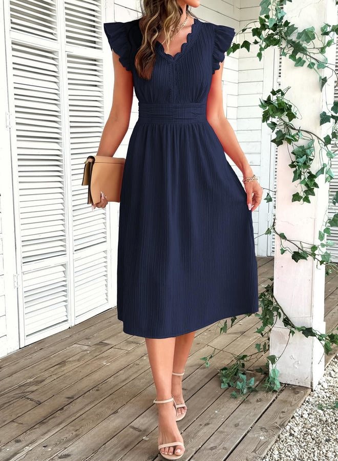 Shein فستان صيفي أنيق بأكمام متموجة للنساء شبه رسمي ملابس بوهو 2026، أزرق داكن، XL - Image 5