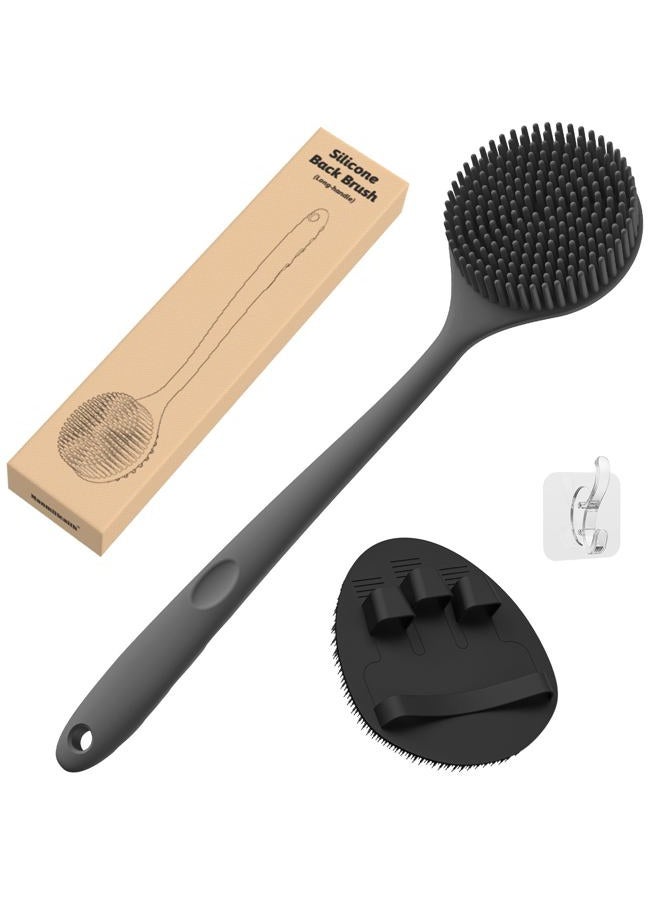 Manmihealth Silicone Back Scrubber(Thick Bristles) & Soft Bath Glove Set, Super-Exfoliating Body Scrubber & Super-Lathering Shower Brush Combination, with a Free Hook.(Black)  - Image 1