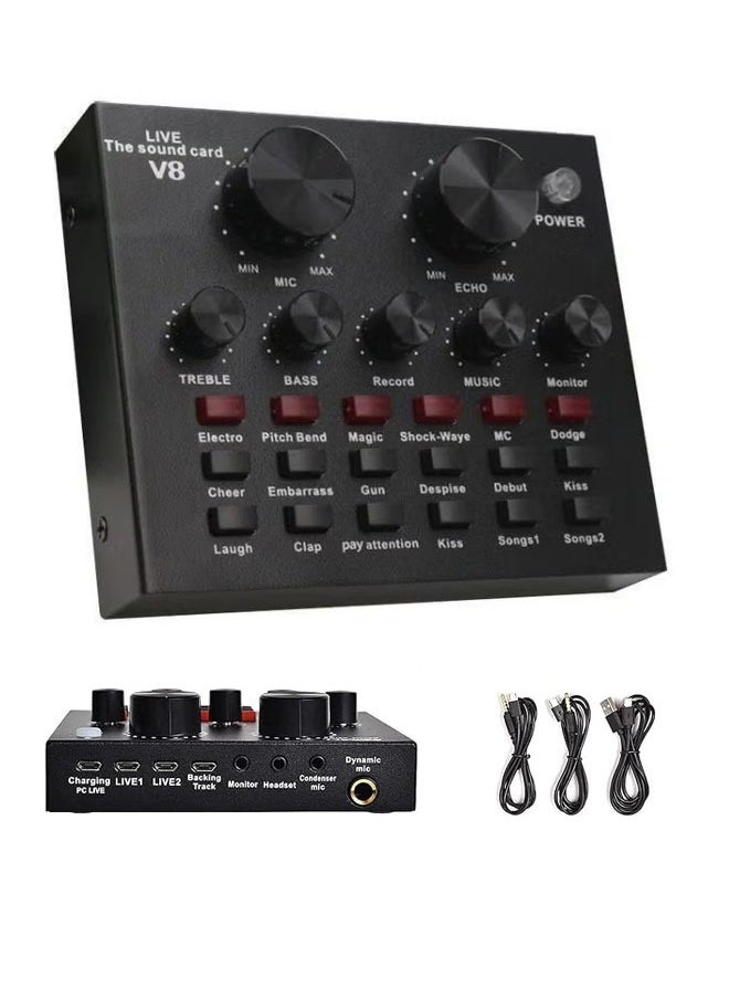 V8 External Sound Card USB Live External Sound Mixer Board Voice Changer Sound Card with Multiple Sound Effects for Live Recording Home KTV Voice Chat  - Image 1