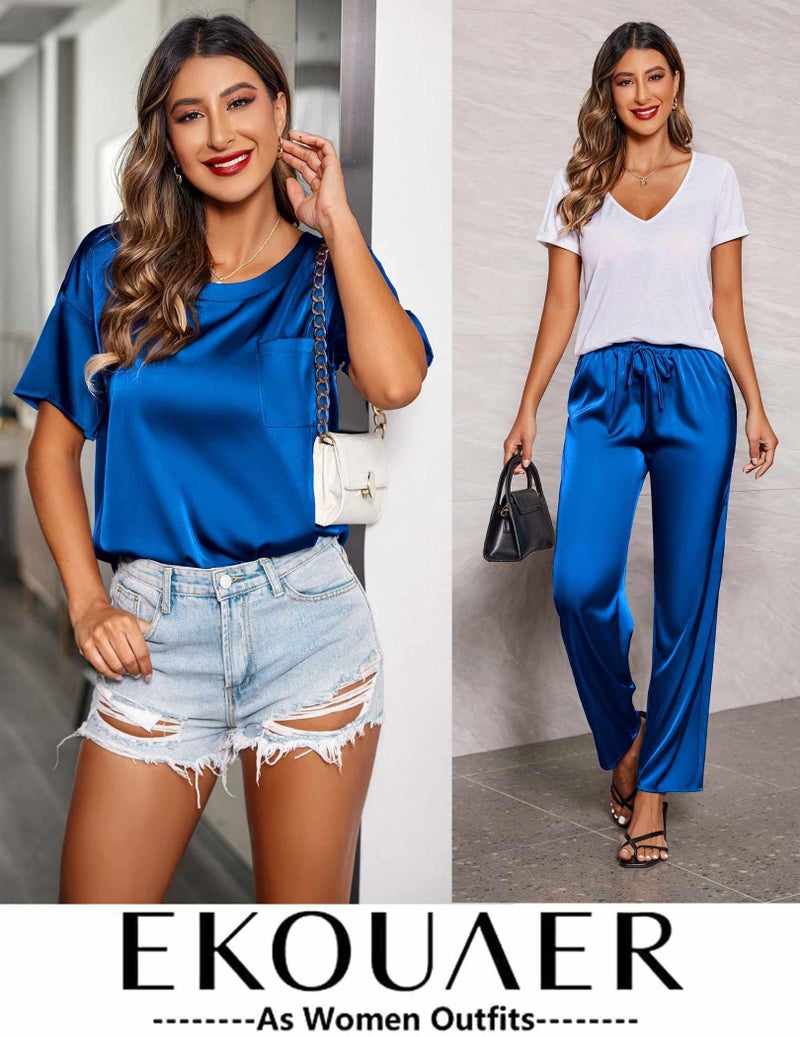 Ekouaer Womens Silk Satin Pajamas Set Two Piece Pj Sets Sleepwear Loungewear Short Sleeve Pj Sets Royal Blue - Image 5