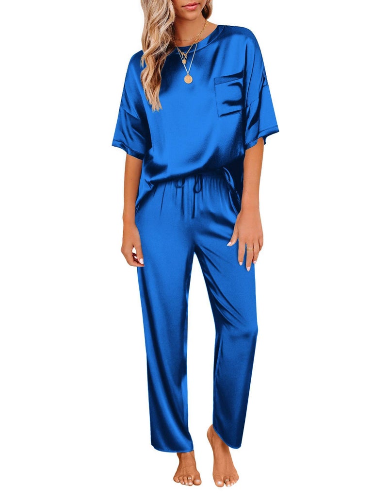 Ekouaer Womens Silk Satin Pajamas Set Two Piece Pj Sets Sleepwear Loungewear Short Sleeve Pj Sets Royal Blue - Image 1