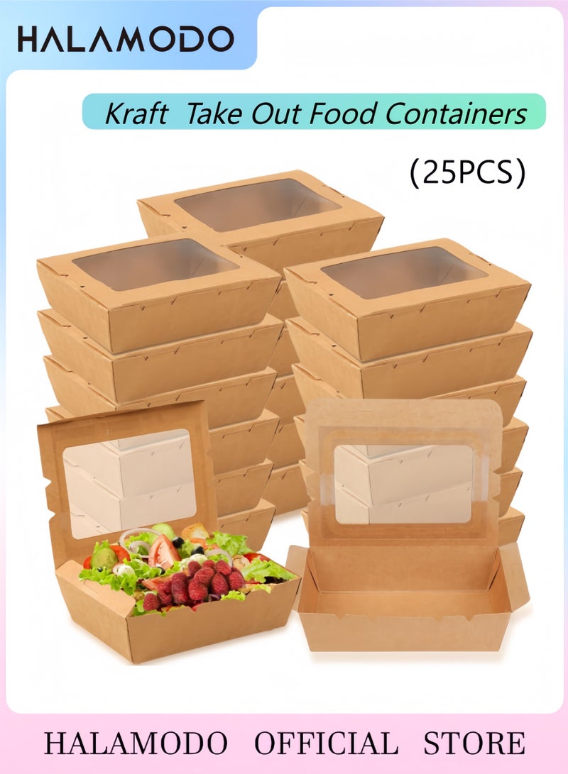 HALAMODO 25PCS Bakery Boxes with Window, Kraft Brown Take Out Food Containers, 24oz Leak and Grease Resistant for Restaurant, Catering and Party - Image 1