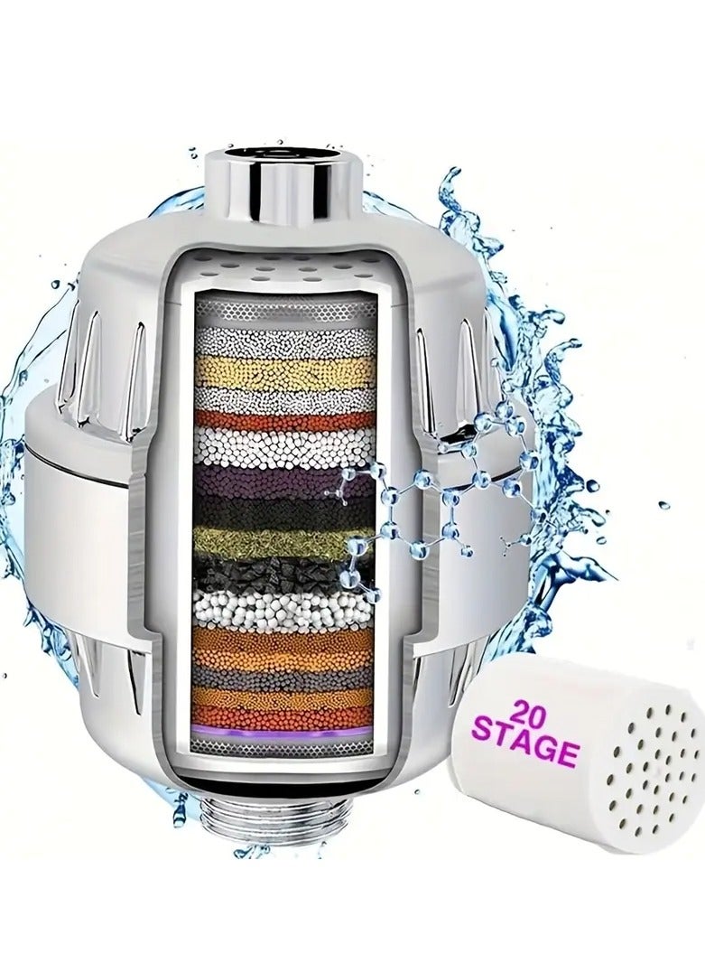 فلتر دش من 20 مرحلة - فلتر رأس دش للمياه العسرة، فلتر مياه دش عالي الإنتاجية لإزالة الكلور والفلورايد، كروم مصقول - Image 1